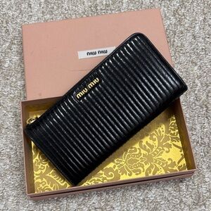 Miu Miu Black Quilted Zip-Around Leather Wallet with Gold Logo